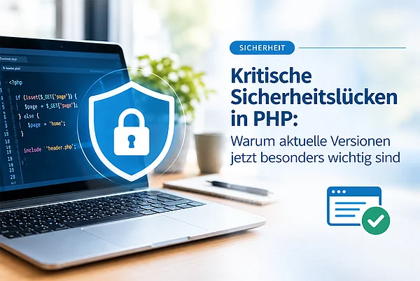 Laptop mit PHP-Code, blauem Schutzschild und Schloss sowie Browser-Icon mit grünem Haken als Symbol für Website-Sicherheit.