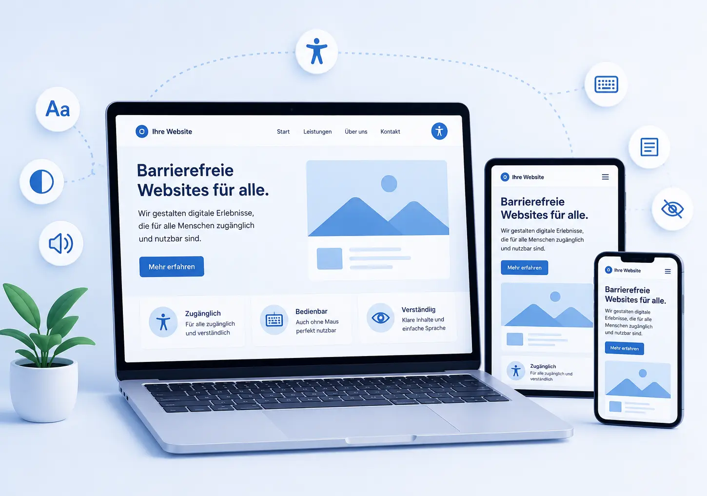 BFSG-Check verschiedene Endgeräte und Symbole für Barrierefreiheit
